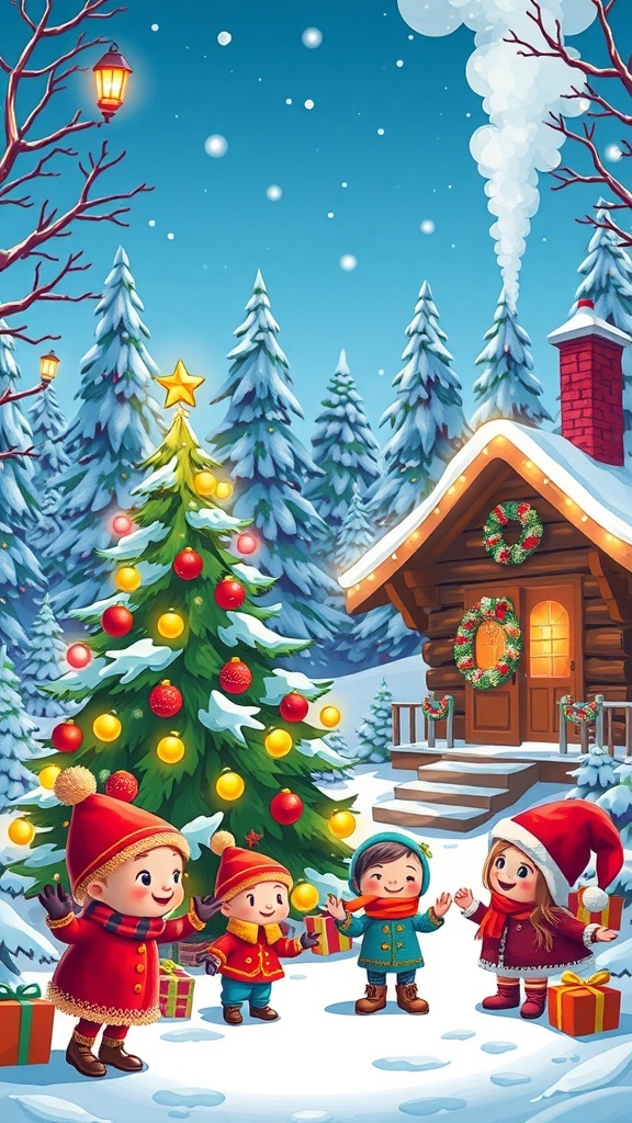 Zepeto characters celebrating Christmas in a snowy landscape with a decorated tree and cozy cabin.